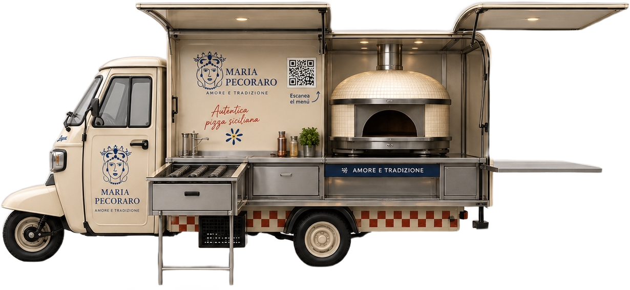 Food truck abierto mostrando el horno de piedra para pizza